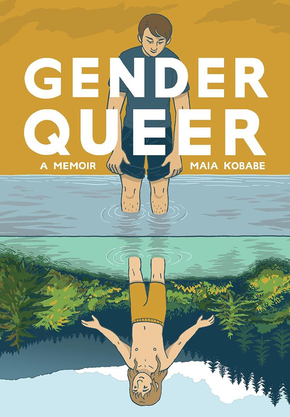 Cover of Gender Queer: A Memoir featuring a masculine girl looking at her reflection who is a feminine boy