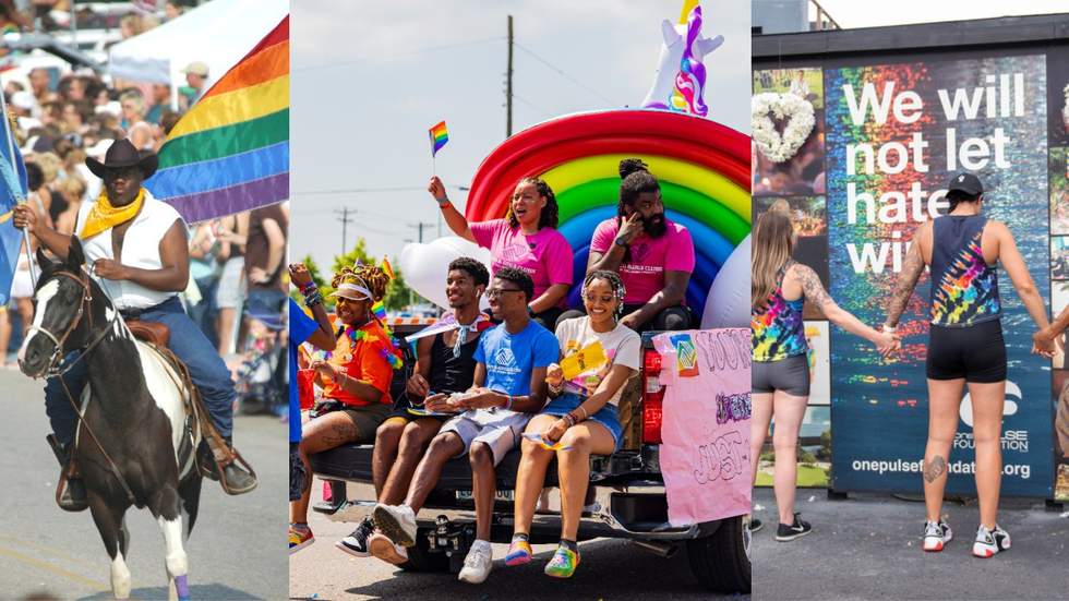 Cowboy at Oklahoma Pride (L); Oklahoma Pride float with young people (M); Pulse Nightclub memorial mourners (R)