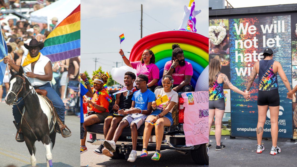 Cowboy at Oklahoma Pride (L); Oklahoma Pride float with young people (M); Pulse Nightclub memorial mourners (R)