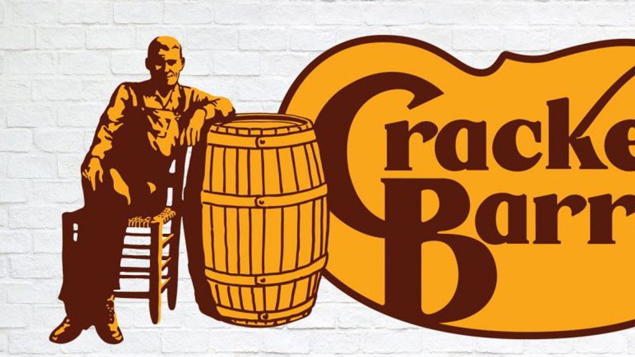 cracker barrel logo with old man leaning on a barrel