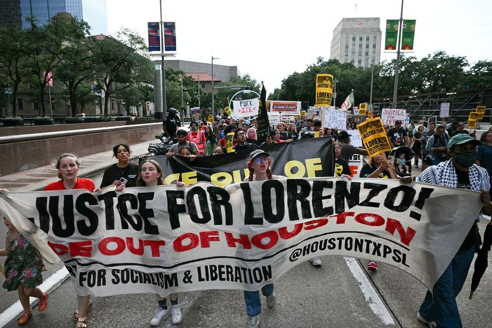 Demonstrators downtown Houston protest ICE for the killing of Mexican migrant Lorenzo Salgado Araujo