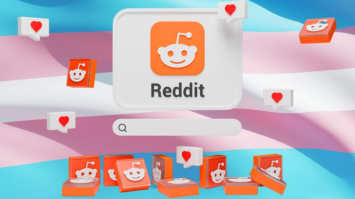 digital collage reddit logos and heart boxes transgender flag waving background