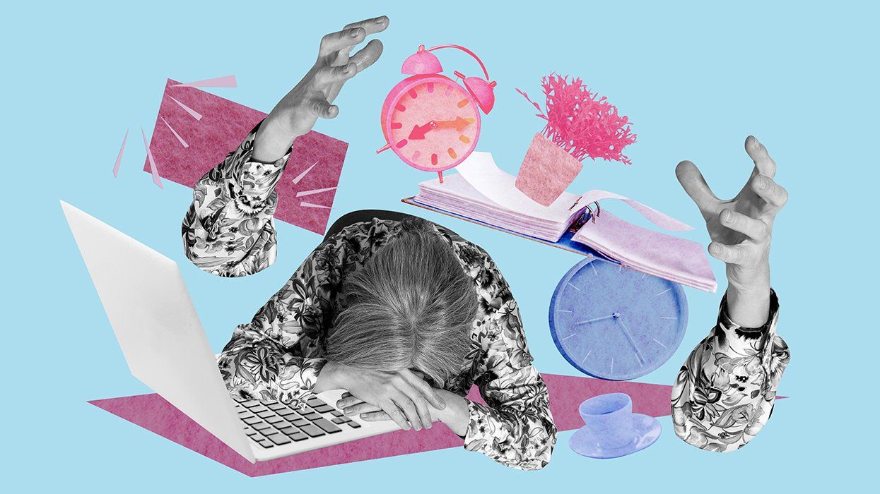 digital illustration person overwhelmed slumping over laptop life forces swirling around hands closing in transgender pride flag color theme