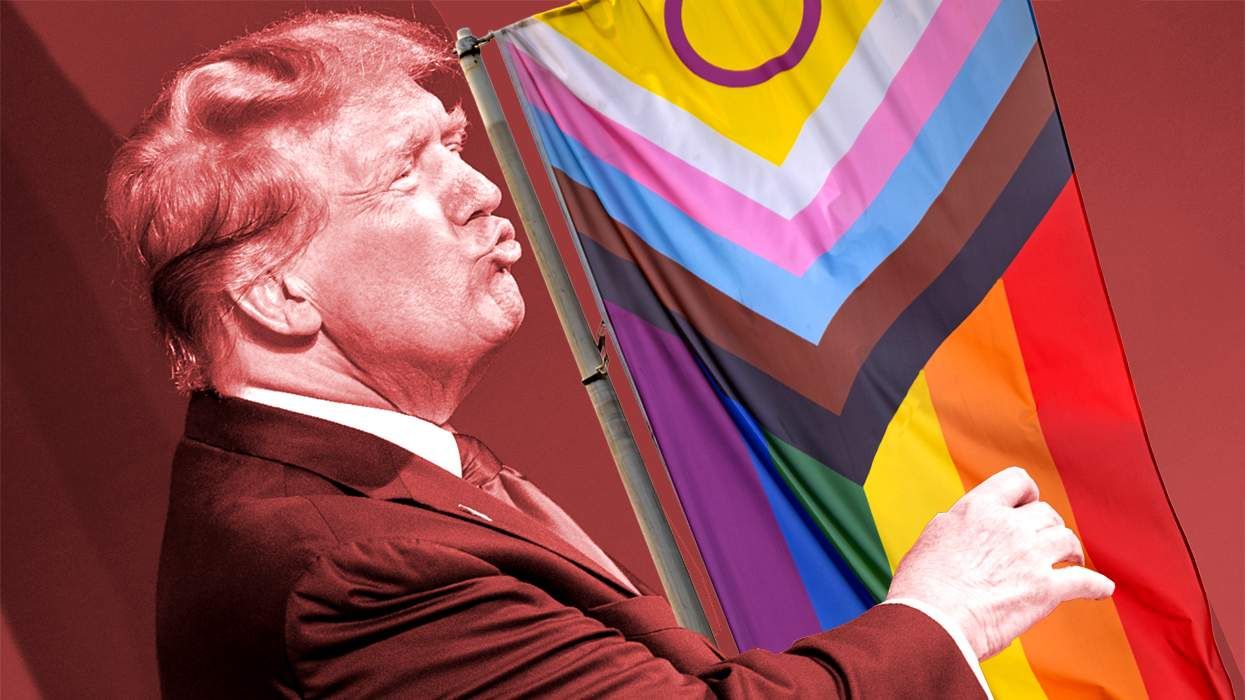 digital illustration red donald trump kissing LGBTQIA progress pride flag