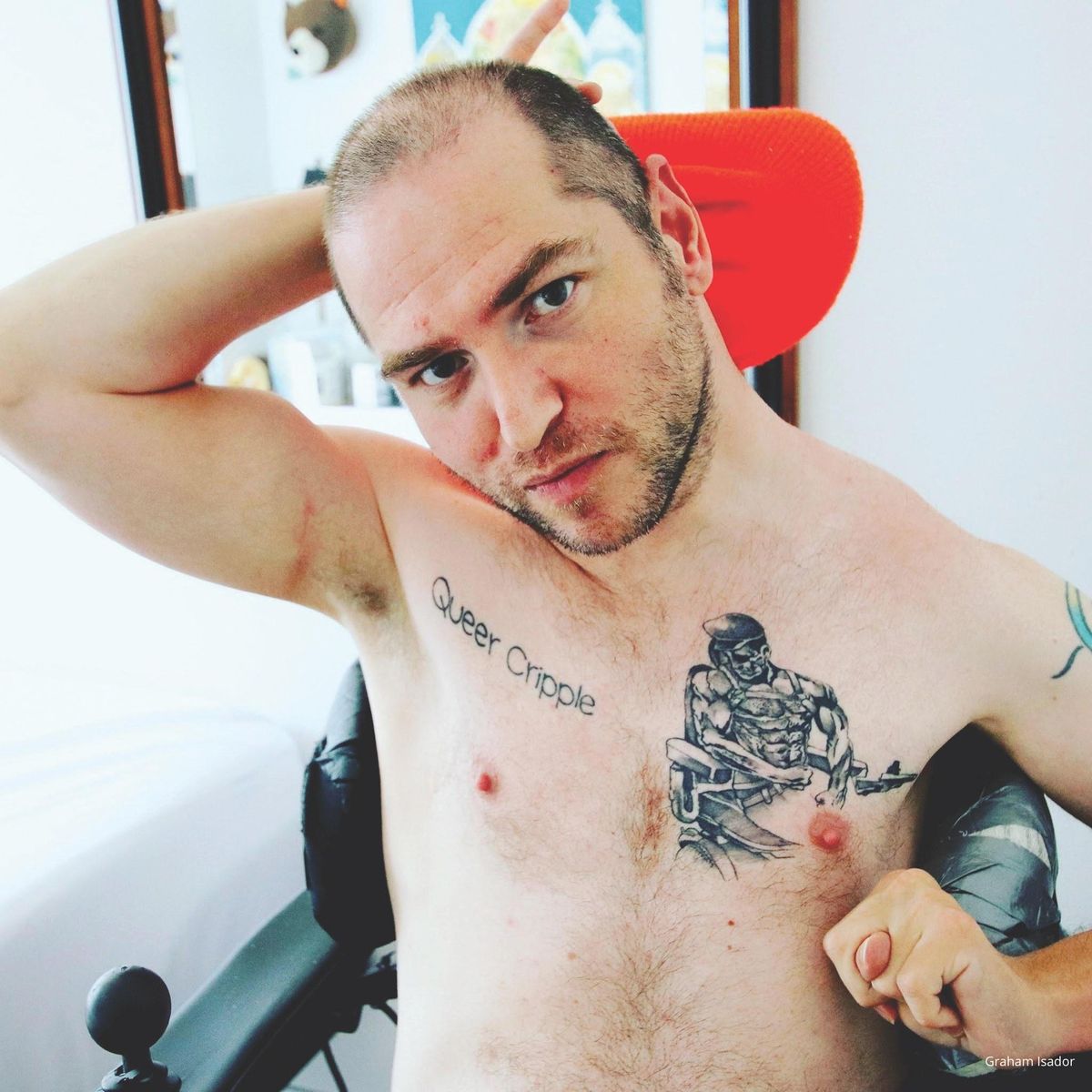 Disability After Dark host Andrew Gurza shirtless looking sexy in his wheelchair 