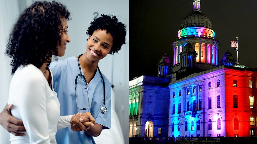 doctor providing aftercare for abortion or gender affirming surgery protected by new law Rhode Island illuminated rainbow State House capitol building Providence