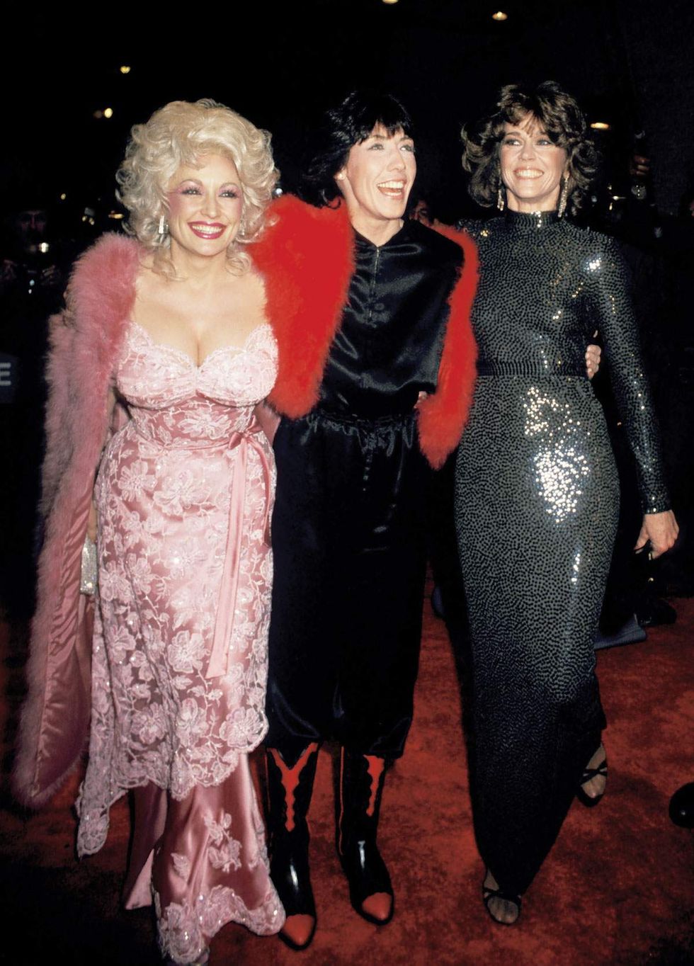 Dolly Parton, Lily Tomlin, and Jane Fonda attend the 9 to 5 premiere NYC after-party in 1980