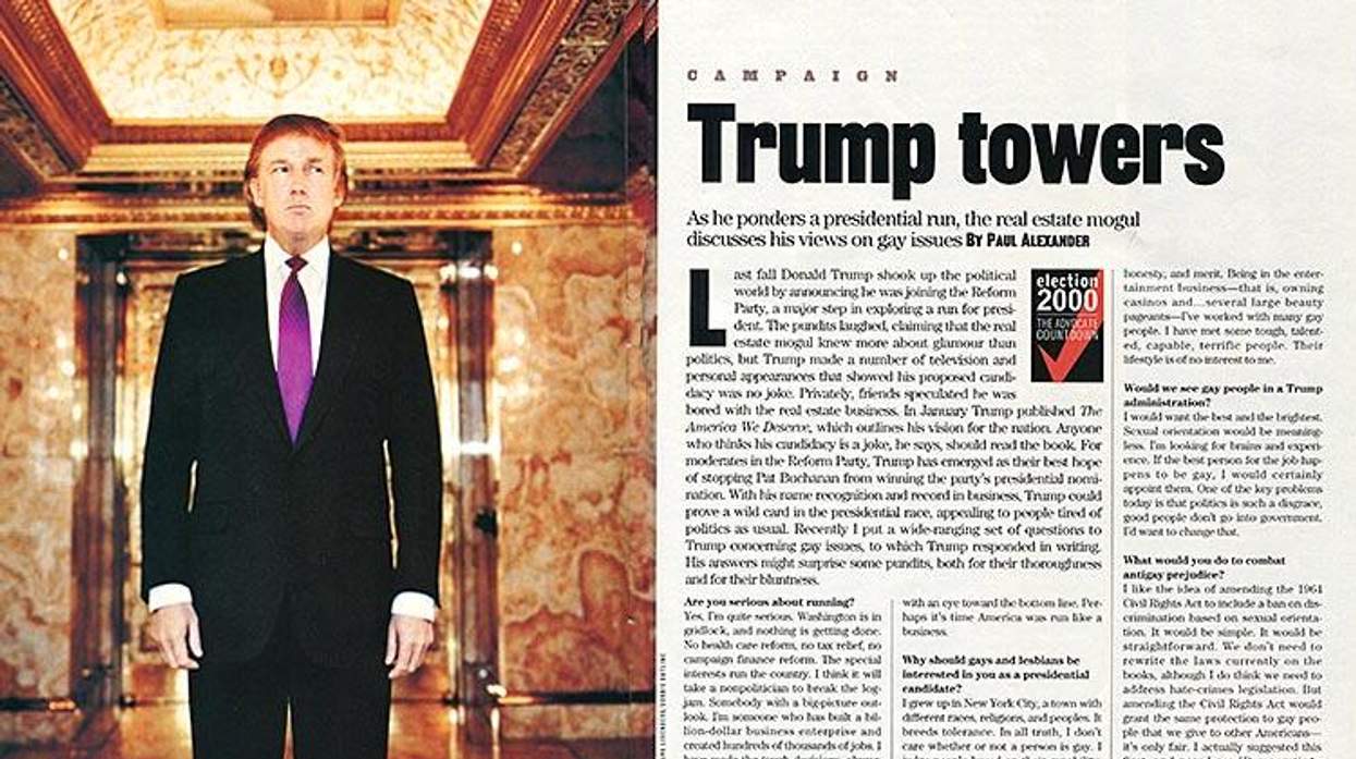 Donald Trump and an image from The Advocate magazine in 2000