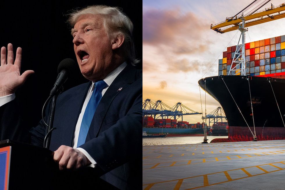 donald trump big mouth little hands Crane loading import export Cargo Container ship in international terminal logistics sea port