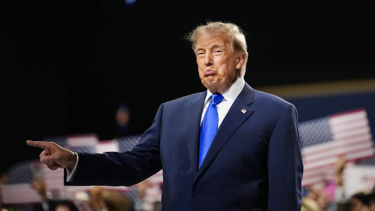 Donald Trump points his finger and pouts on stage at the 2026 Republican National Convention in Dallas, Texas