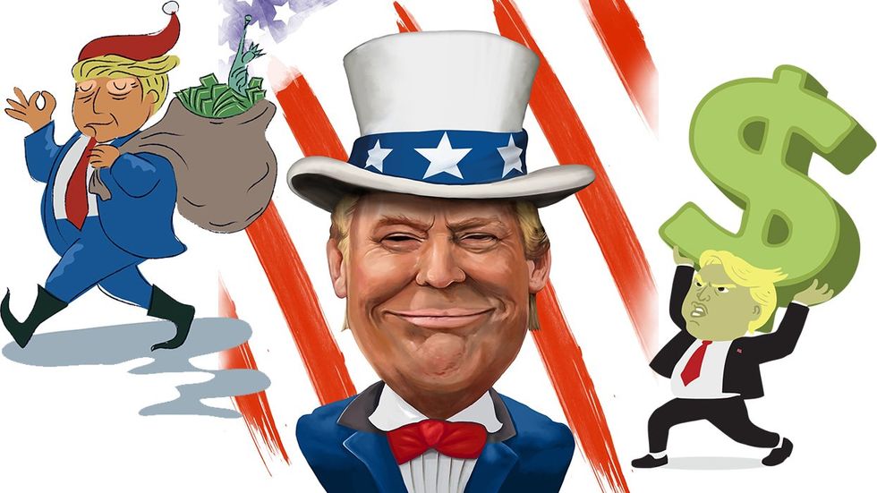 Donald Trump politcal cartoon NYC Grinch smug Uncle Sam money hungry hulk