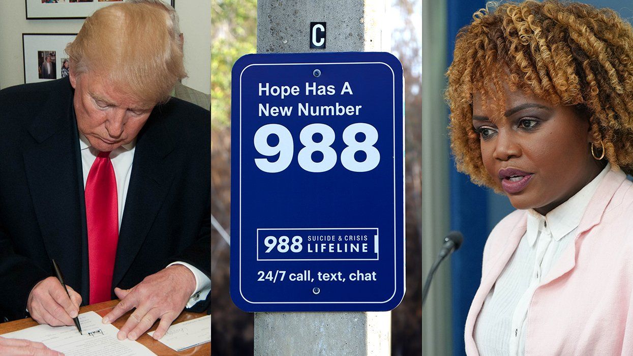 Donald Trump signing a document 988 suicide crisis public sign Karine Jean Pierre