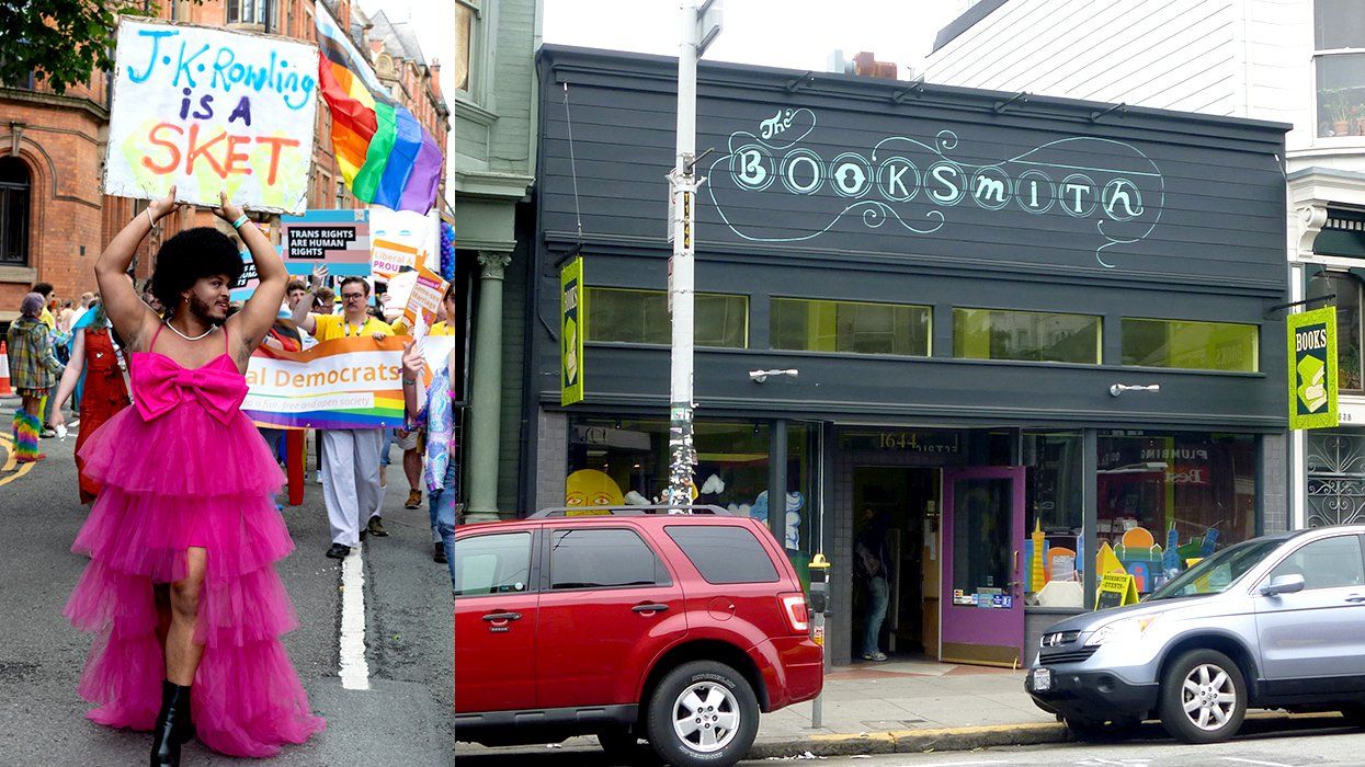 drag queen at LGBTQIA pride march holding JK Rowling protest sign Manchester UK 2023 alongside Booksmith an independent bookstore located in Haight Ashbury neighborhood San Francisco CA