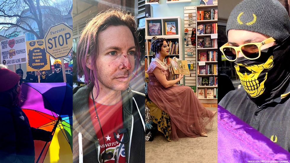 Drag Queen reading to children next to photos of Proud Boys protesting and a person with a facial injury.