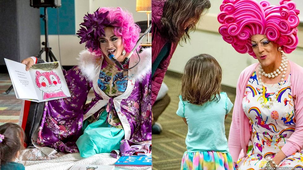 Drag queens in colorful outfits reading to excited children.