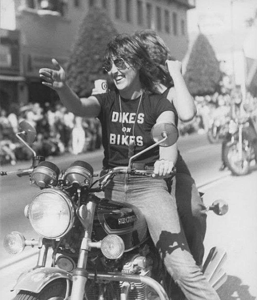 Dykes on Bikes leads the procession at the Los Angeles Christopher Street West pride parade, 1978