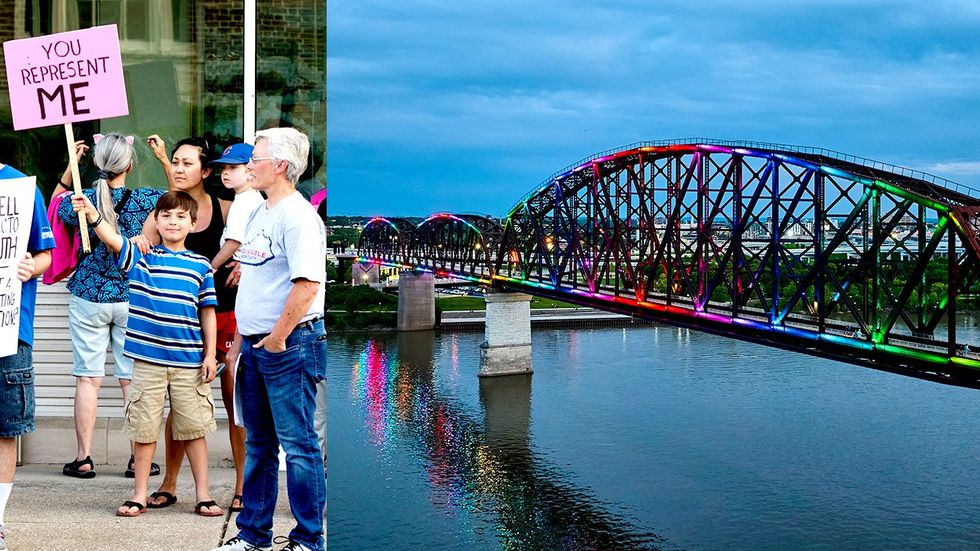 Elizabethtown Kentucky Protesters rally for health care Rainbow lgbtq pride illuminated bridge Ohio River louisville