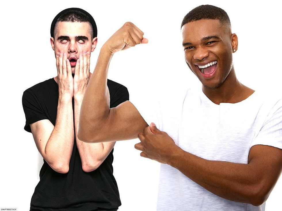 embarrased man with hands on face pulling down eyelids and another man making a muscle