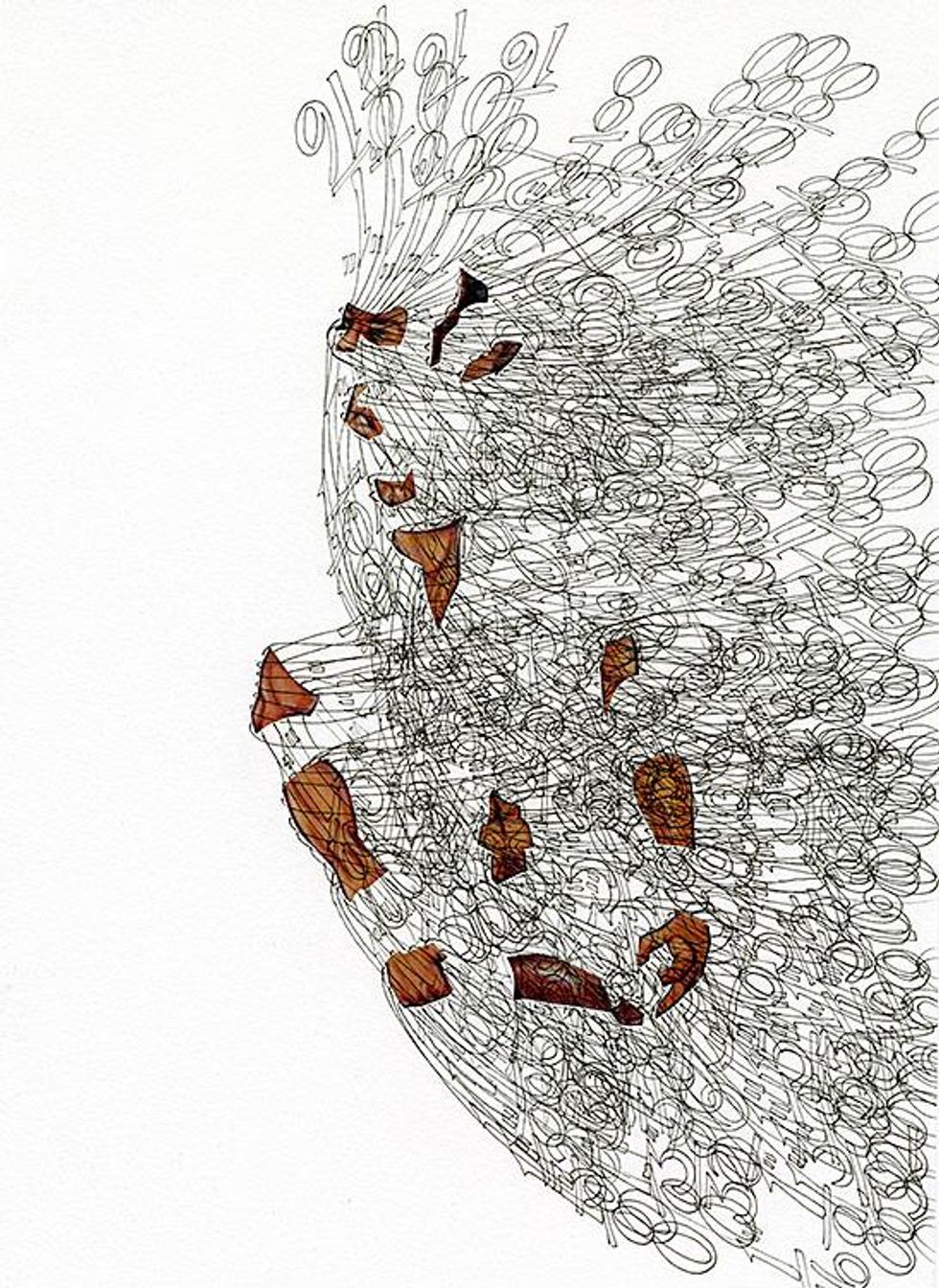 Enrique Castrejon, Anonymous male passenger fragmented and measured in inches, 2016. Collage, glue, pigment ink, and graphite on paper, 14 x 11 inches. Courtesy of the artist