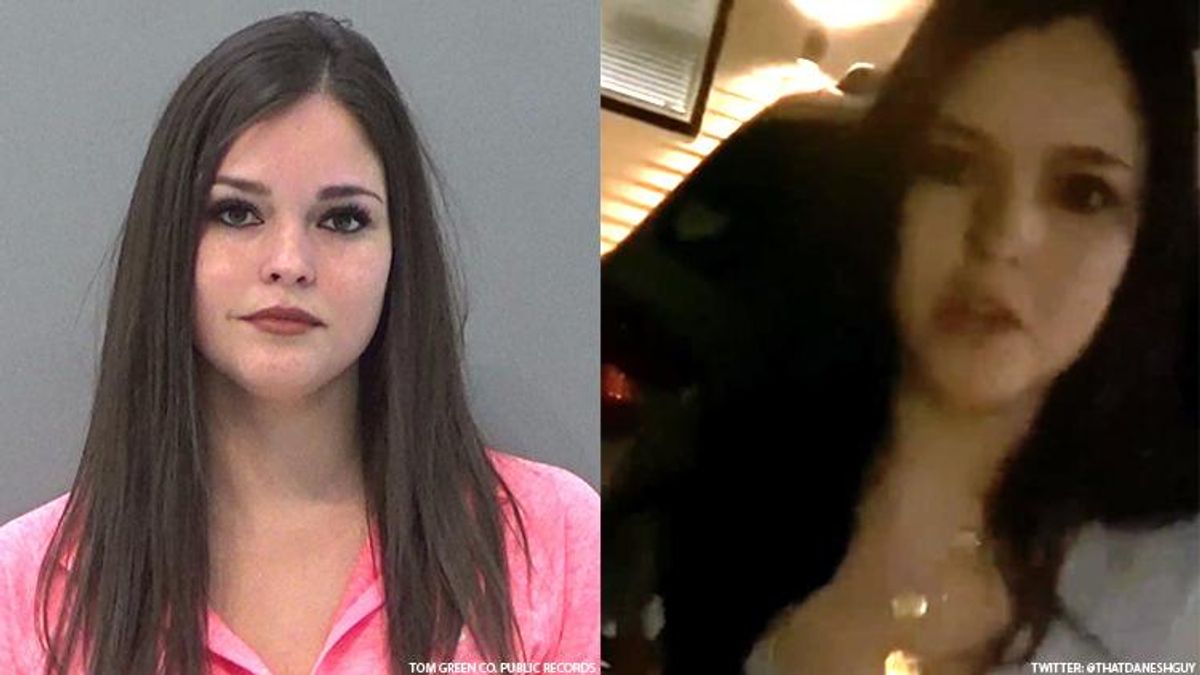 Evan Berryhill-Jewell, the owner of Texas Angels Boutique in San Angelo, Texas in a viral video next to her jail booking photo.