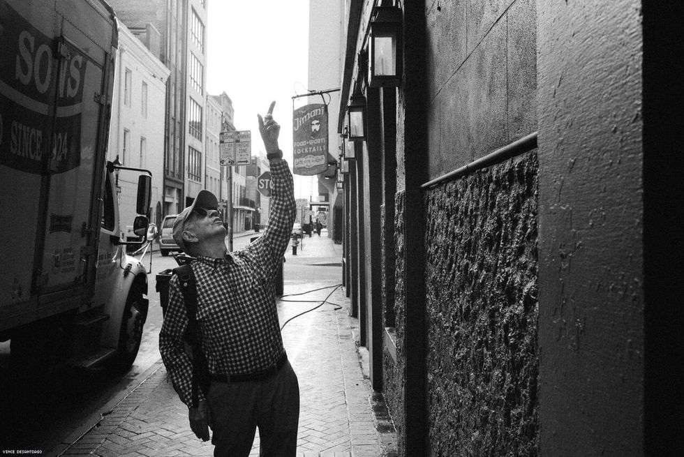 Fire survivor Robert Vann returns to the UpStairs Lounge \u2014 his first visit since June 1973. He points to the window he lept through on the second floor, escaping the flames.