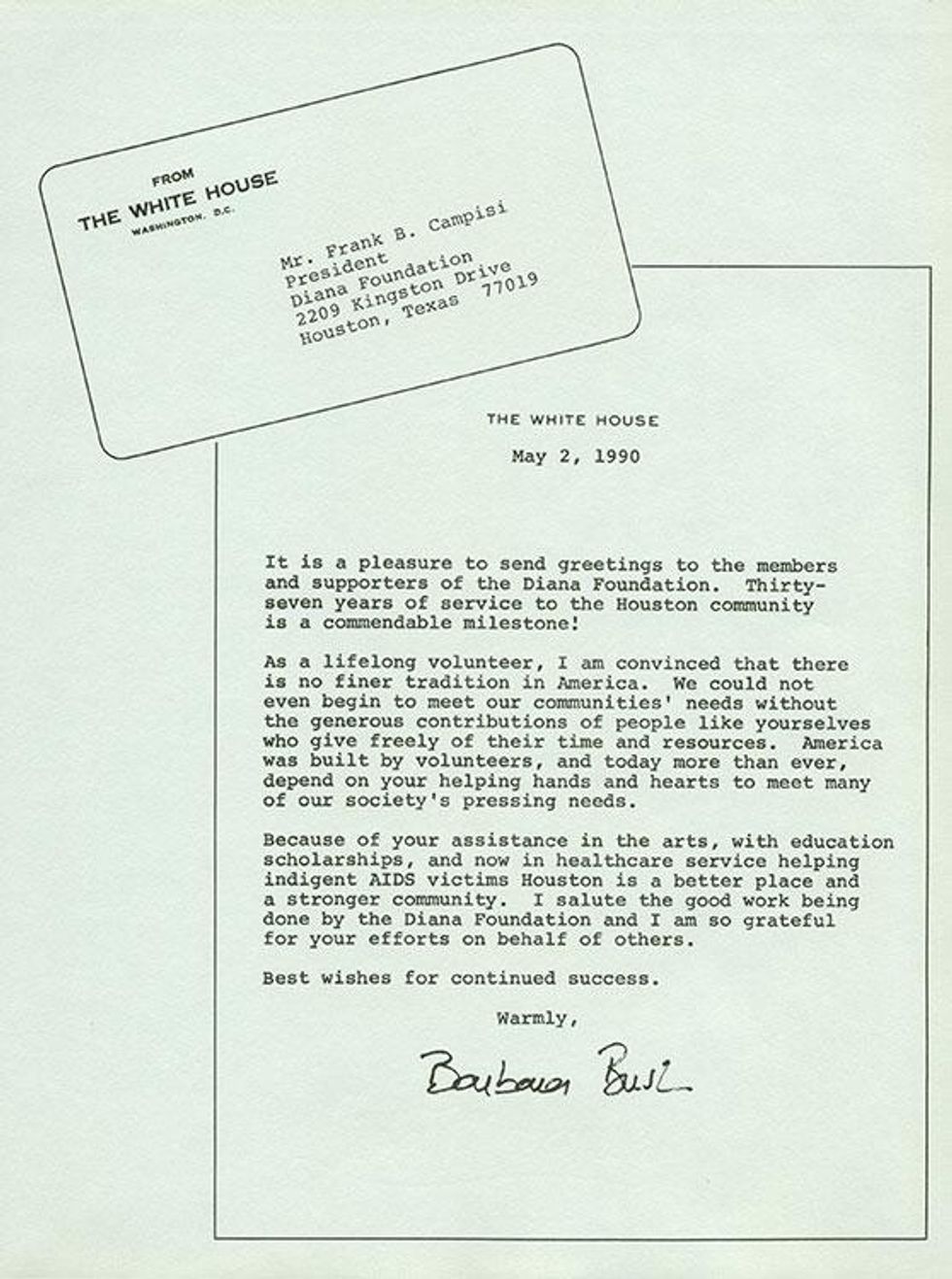 First Lady Barbara Bush sends a lovely note.