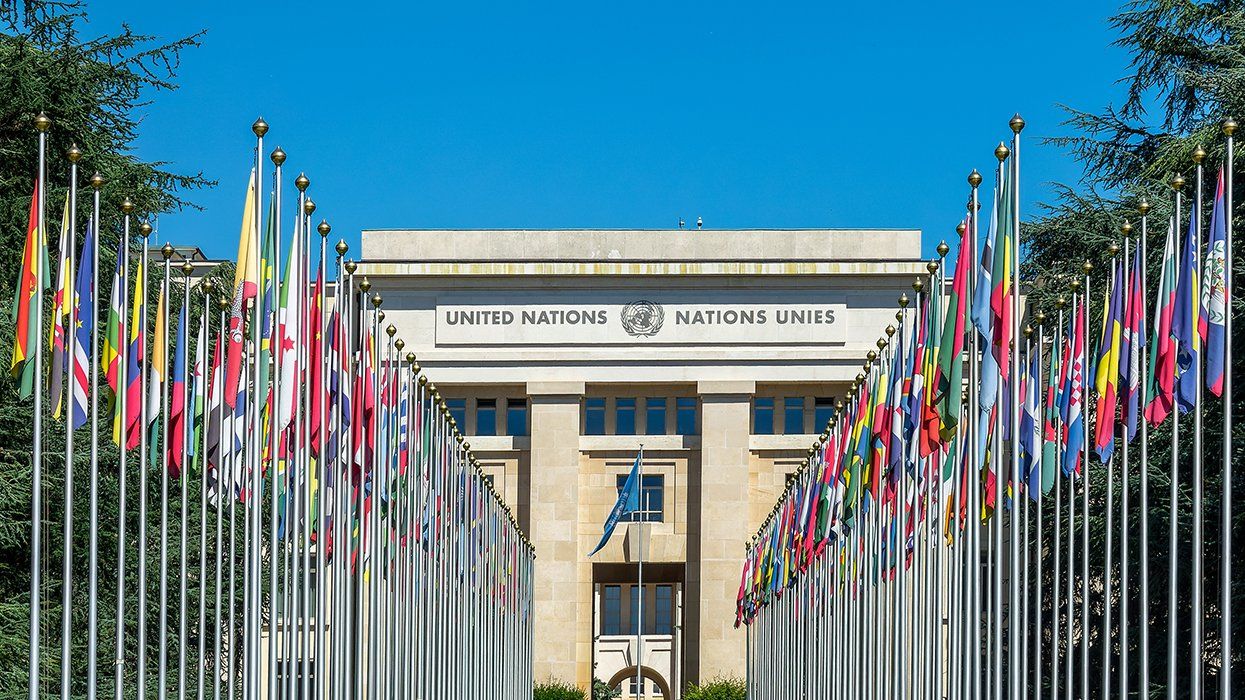 Flags at the United Nations Palais des Nations in Geneva, Switzerland