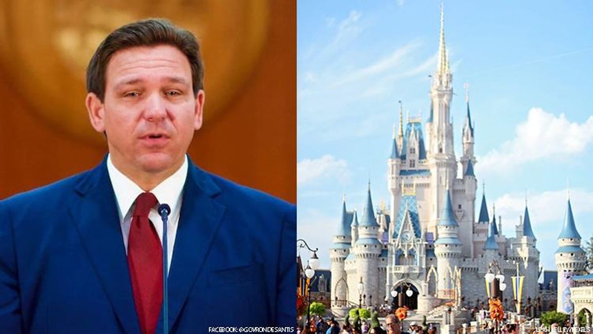 Florida Gov. Ron DeSantis in a diptych with a Disney palace.