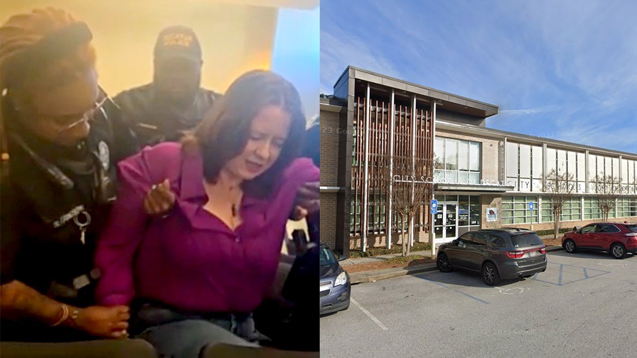 footage still Lena Kotler Georgia mother of trans and nonbinary children forcibly removed from school board meeting City Schools of Decatur building