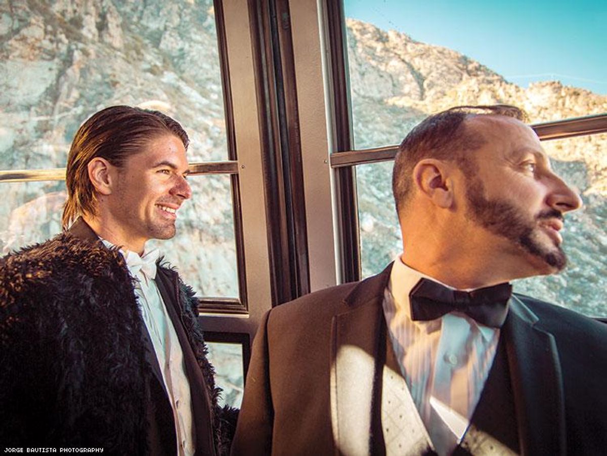 For their wedding, actor Massimo Dobrovic (left) and Paolo De Angelis rode the Palm Springs Aerial Tramway from the desert floor, 8,516 feet into the air to the snowy Mt. San Jacinto State Park.