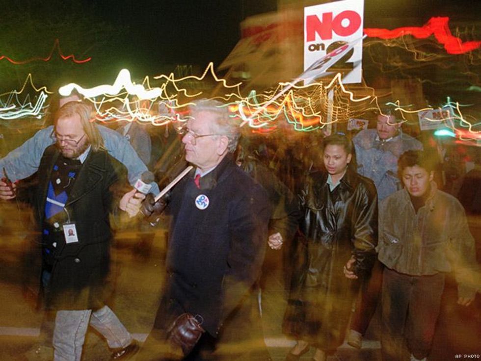 Former Colorado Governor Roy Romer marches with LGBT people protesting the passage of Amendment 2 in 1992