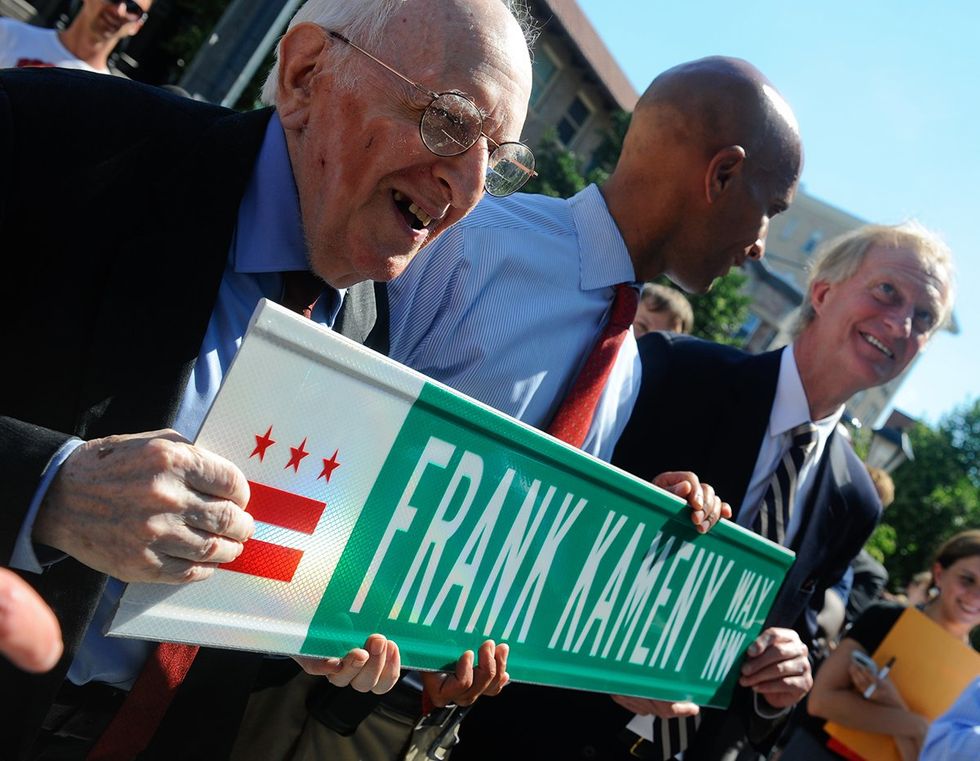 Frank Kameny Mayor Fenty Jack Evans hold new Washington, D.C., street sign Frank Kameny Way