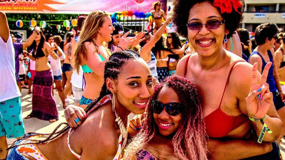 Friends enjoying pool party