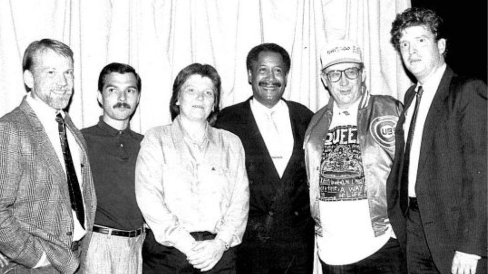 From left: Art Johnston, Rick Garcia, Laurie Dittman, Chicago Mayor Eugene Sawyer, Jon-Henri Damski, and Jon Simmons, Sawyer's liaison to the gay community, when the Chicago gay rights ordinance passed in 1988