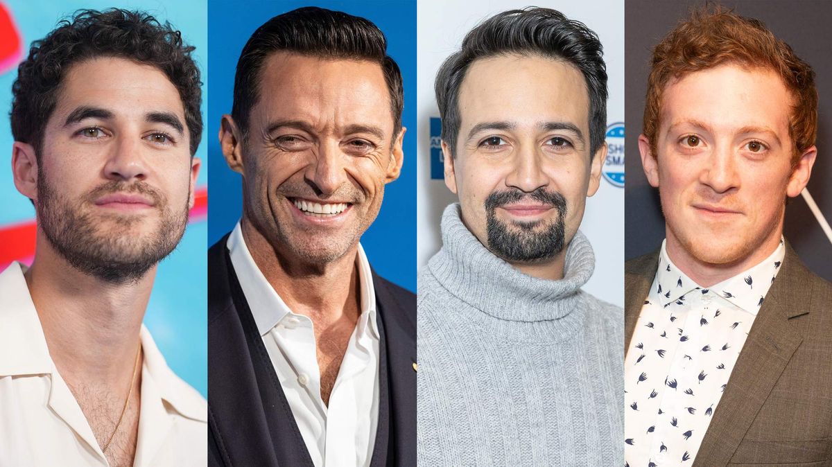 ​From left: Darren Chris, Hugh Jackman, Lin-Manuel Miranda, and Ethan Slater.