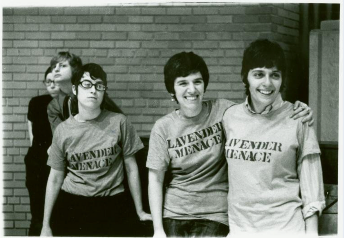 From left, Linda Rhodes, Arlene Kisner (sometimes misidentified as Arlene Kushner), and Ellen Broidy participate in the 'Lavender Menace' action at the Second Congress to Unite Women, in Chelsea on May 1, 1970. 