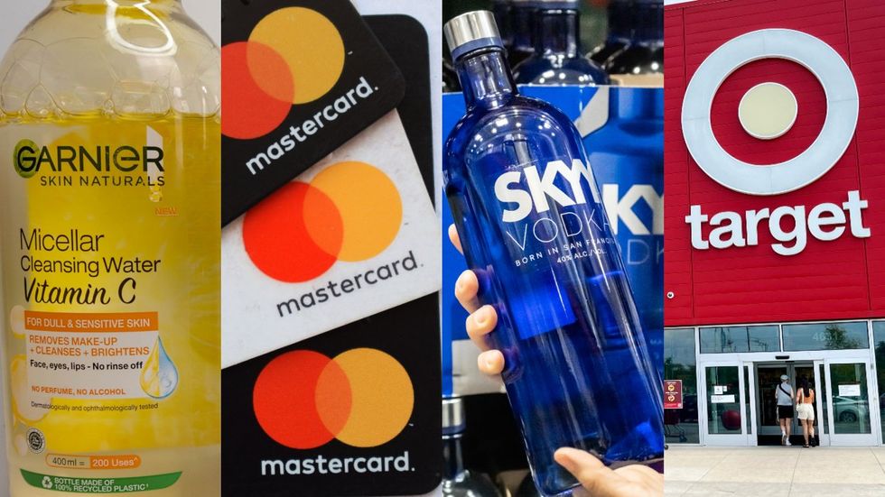 Garnier micellar water bottle; Stack of Mastercard credit cards; Skyy Vodka bottle; Target store