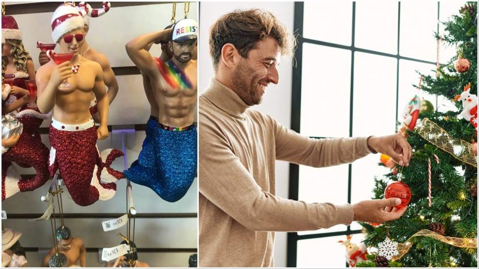 Gay Merman Ornaments along with photo of a man decorating a Christmas treet