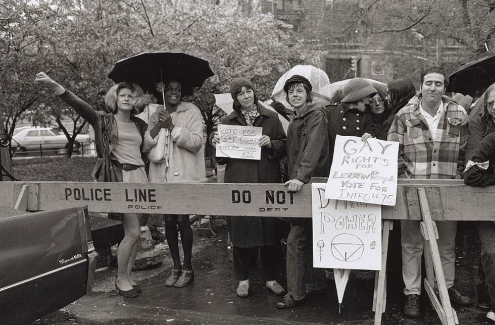 Gay rights activists at City Hall rally for gay rights: Sylvia Ray Rivera, Marsha P. Johnson, Barbara Deming, and Kady Vandeurs, 1973. Photograph by Diana Davies. Courtesy of New York Public Libraries Manuscript and Archives Division.