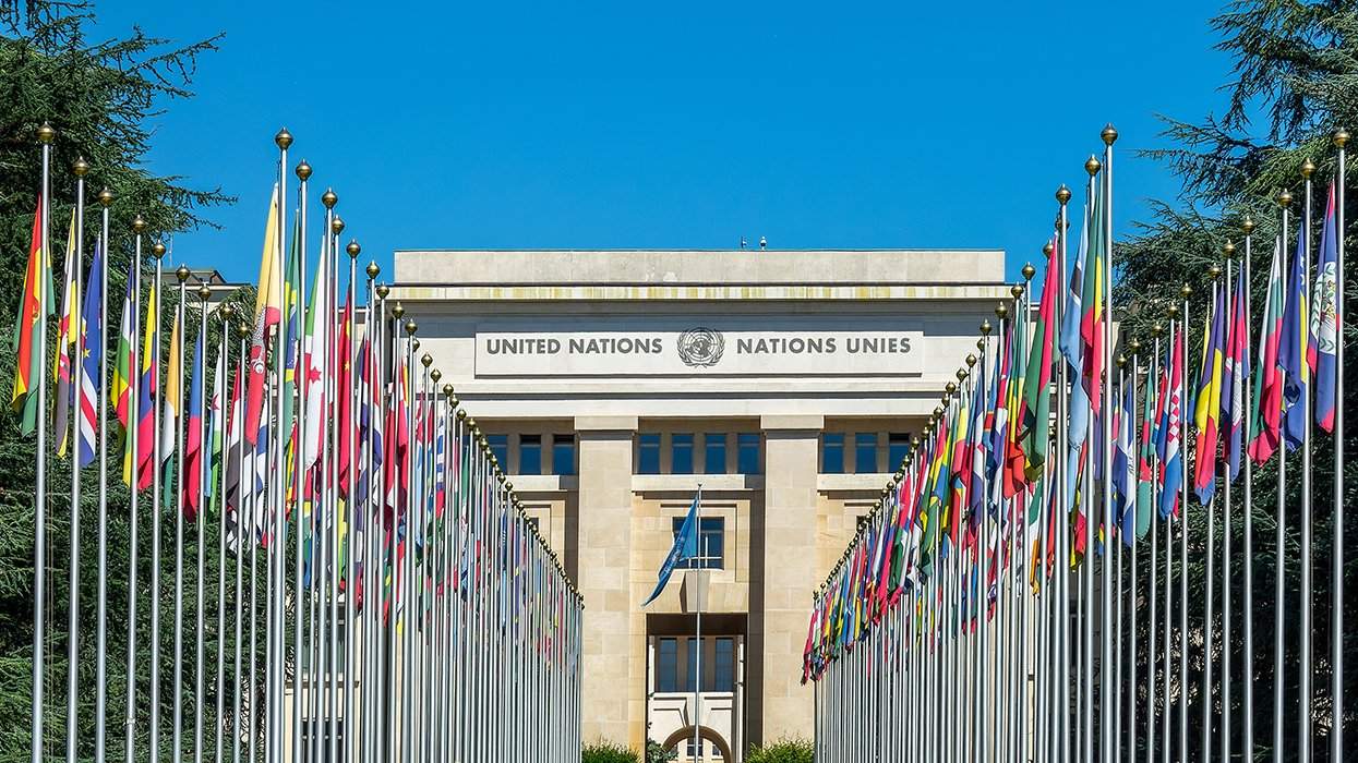 Geneva SWITZERLAND Ranges of flags at the UN United Nations office Palais des Nations August 2023