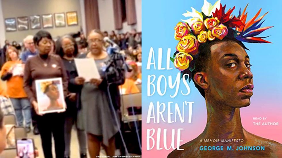 George M. Johnson's mother and aunts at a New Jersey library board meeting and the cover of All Boys Aren't Blue