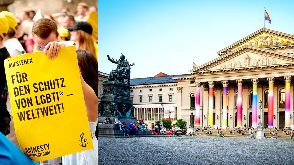 Germany COLOGNE Christopher Street Day Pride March Sign Amnesty International Translation Stand up for the protection of LGBTI people worldwide Munich Old Town National theater rainbow flags