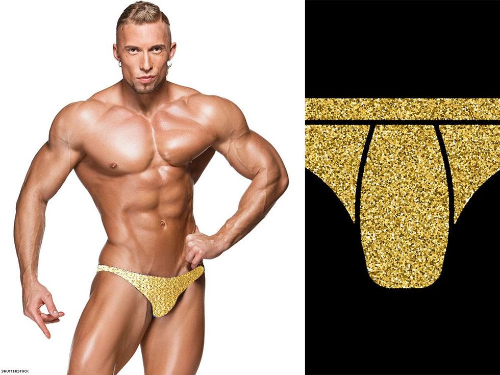 Gold lam\u00e9 on left = loves muscleboy bottoms. Gold lam\u00e9 on right = muscleboy bottom.