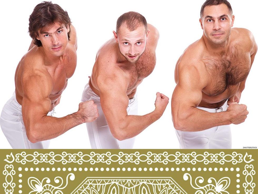 Gold on left = 2 guys/couple looking for third. Gold on right = couple-hunting.