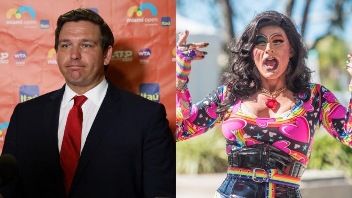 Gov. Ron DeSantis in one image and a drag queen in another