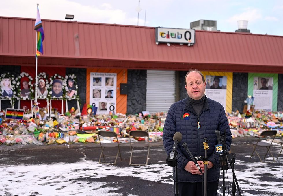Governor Jared Polis visit Club Q and pay respects at the memorial for the victims of the anti LGBTQ shooting in Colorado Springs November 2022