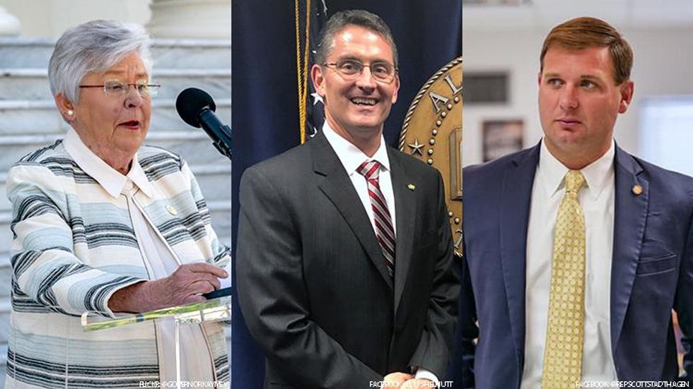 Governor Kay Ivey and bill sponsors Shay Shelnutt and Scott Stadthagen