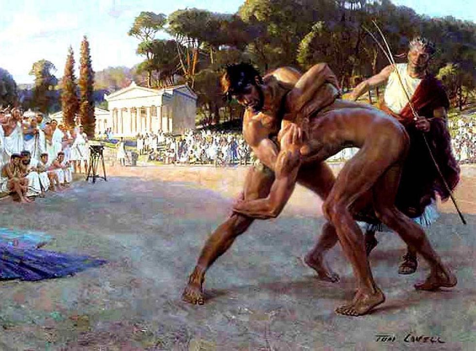 Greco-Roman wrestling as it was intended, nude, in a contemporary illustration by Tom Lovell