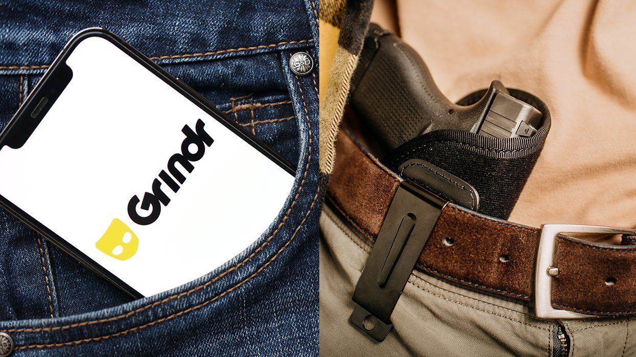 Grindr on cellphone in pants jeans pocket and gun in holster tucked into waist of pants
