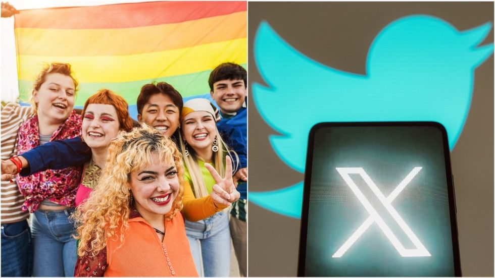 Group of queer teens; cell phone with X app on it with a Twitter icon background
